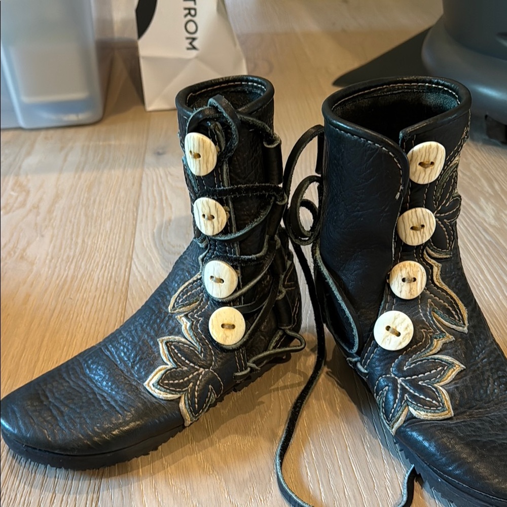 Cream and Black Lace Up Boots with Ornate Design